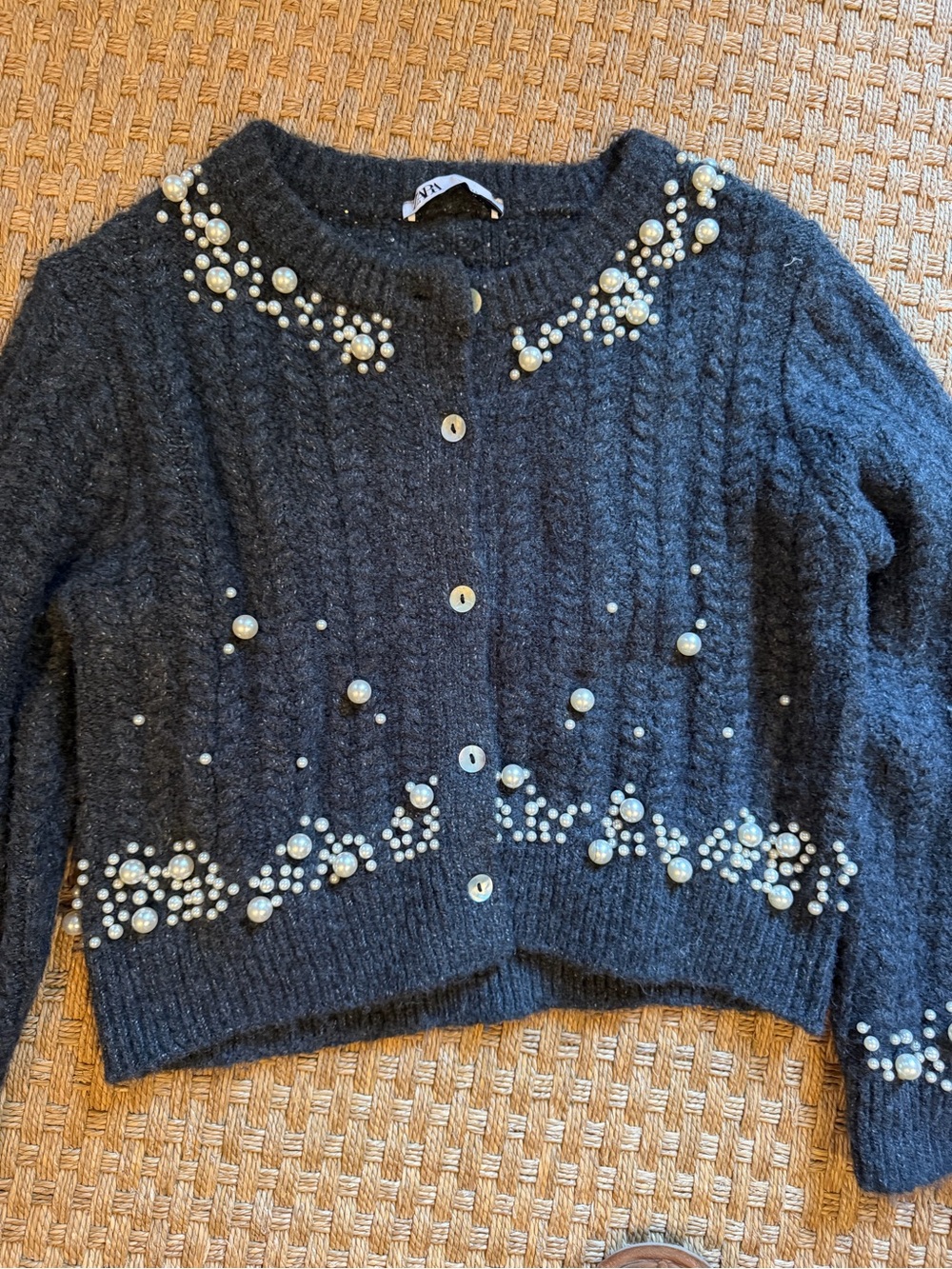 Zara Black Pearl-Embellished Cable Knit Cardigan